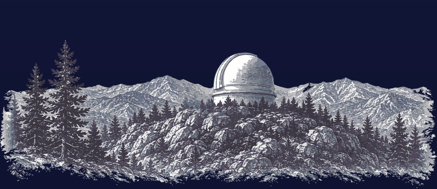 Illustrated snow-covered observatory dome on Palomar Mountain